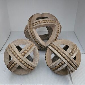 Wood Geometric Decorative Spheres 4" & 6" Light Brown Sculpture Ball - 3 Pieces